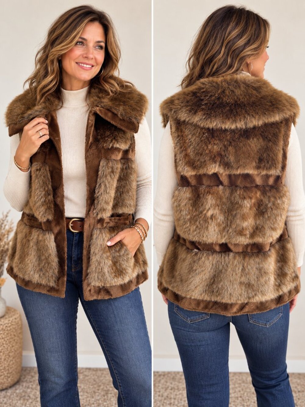 Brown Faux Fur Vest Large Tiered Shaggy Boho Luxe Statement Fall Jacket